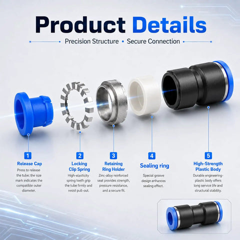 Get A Sweet Deal On This 60 Piece Air Hose Fittings Kit With Quick Push Connectors For All Your Pneumatic Needs Including Elbows Ttees Splitters And Straight Unions In Plastic That Makes Repairing And Routing Air Lines Super Easy And Fast Today. exploded view of 1/4 inch plastic air hose push connector parts