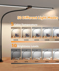 Ultra Wide Dual Head LED Desk Lamp With Clamp, 50 Adjustable Lighting Modes, displayed showing color temperatures and brightness levels.