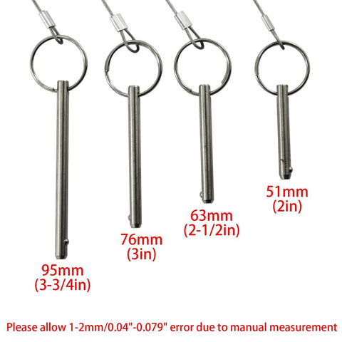 Set Of 4 Beefy Quick Release Pins One Quarter Inch Stainless Steel 316, various lengths in millimeters, with measurements shown.