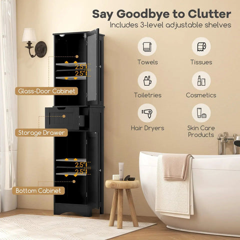 Zero Fuss Top Tier Heavy Duty Sixty Seven Inch Tall Bathroom Storage Cabinet Freestanding Linen Tower With Two Doors And One Drawer Five Tier Adjustable Shelves Slim Floor Organizer For Home Black