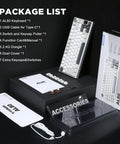Slick Pro Wireless Aluminum 75 Percent Mechanical Keyboard With Custom LCD Display Gateron Zero Switches And Killer RGB Lighting For Your Daily Driver Rig displayed with accessories and package list.