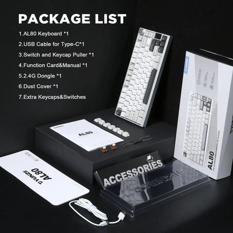 Slick Pro Wireless Aluminum 75 Percent Mechanical Keyboard With Custom LCD Display Gateron Zero Switches And Killer RGB Lighting For Your Daily Driver Rig displayed with accessories and package list.