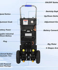 Sturdy Electric Stair Climbing Dolly With A Beefy 1500 Watt Motor Making No Sweat Moves On Steps For Quick Transport Of Appliances And Heavy Couches In Black, showing buttons and battery components.