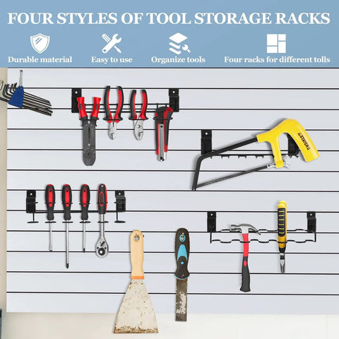8 Pcs Slatwall Tool Organizer Racks Kit With Stainless Steel Multi Ring Holders for screwdrivers, pliers, saw, and scraper on slatwall