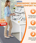 Anti Fatigue Kitchen Mat 72 By 20 Inches One Inch Thick Non Slip Heavy Duty Water Resistant Rug For Home Kitchen And Office Standing Desk Comfort Gray installed under a standing desk with a woman standing on it.