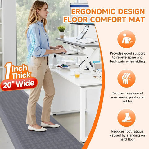 Anti Fatigue Kitchen Mat 72 By 20 Inches One Inch Thick Non Slip Heavy Duty Water Resistant Rug For Home Kitchen And Office Standing Desk Comfort Gray installed under a standing desk with a woman standing on it.