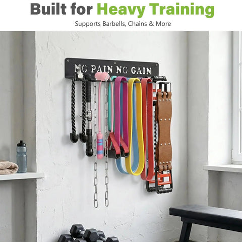 8 Hook Wall Mount Home Gym Organizer Rack For Barbells Resistance Bands Jump Ropes Foam Rollers Belts And More Garage Grade Heavy Duty Gear