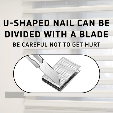 Detail of U-shaped nail being cut with blade for Top Shelf 80 Piece Trumpet Plantation Shutter Repair Kit With Solid Tilt Rod Staples For Window Louver Fix Hassle Free Snap On Install Silver Finish Quality Metal Hardware For Home Touch Ups.