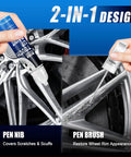 Universal Silver Rim Touch Up Paint With Built In Brush For Curb Rash And Wheel Scuff Scrapes Fast Curing Formula shown applied on alloy wheel.