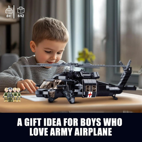 Child assembling Black Hawk Inspired Helicopter Building Set For Adults And Teens, 692-Piece Army Style Model with figures