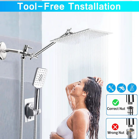 Woman enjoying Big 10 Inch Square Rain Shower Head With Handheld Spray, High Pressure Rainfall, 11 Inch Extension Arm, Chrome Finish