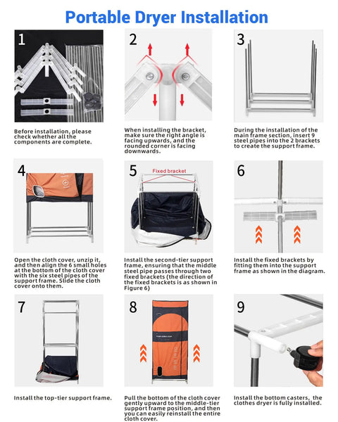 Installation steps for Go-To Ultimate Portable Clothes Dryer Rack 67 Inch Three Tier Foldable Dryer for apartments and travel.