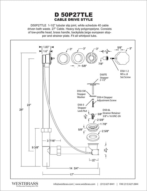Technical diagram of Tubular 27 Inch Cable Drive Bath Waste in Sleek Matte Black with rotary knob, pop-up stopper and strainer plate.