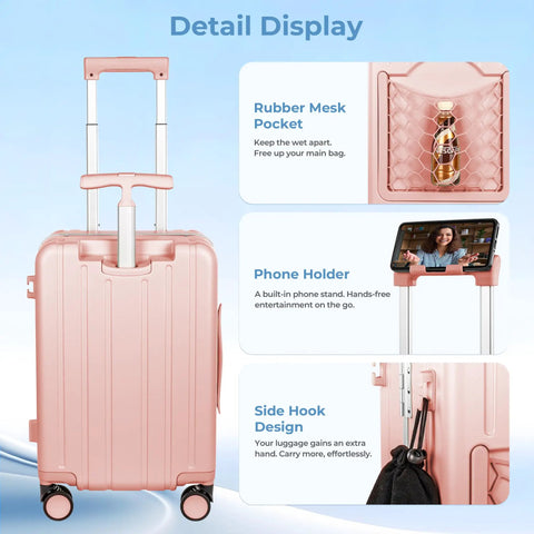 Pink 20 Inch Ride On Luggage For Kids And Adults With Safe Seat, Hardside Carry On Case, 360 Degree Silent Spinner Wheels, TSA Lock
