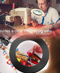 Woman sewing under 10X Magnifying Glass with Light and Stand, Real Glass Lens Desk Lamp with Clamp, hands-free magnifier