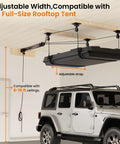 Garage Ceiling Storage Lift System For Roof Top Tent Hoist Heavy Duty Overhead Pulley 4 Point Lift 250lb Capacity Adjustable Straps Fits 8 To 16 Ft Ceiling Great For Kayaks Tents And Bulky Gear shown installed with SUV under it.