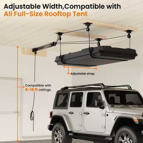 Garage Ceiling Storage Lift System For Roof Top Tent Hoist Heavy Duty Overhead Pulley 4 Point Lift 250lb Capacity Adjustable Straps Fits 8 To 16 Ft Ceiling Great For Kayaks Tents And Bulky Gear shown installed with SUV under it.