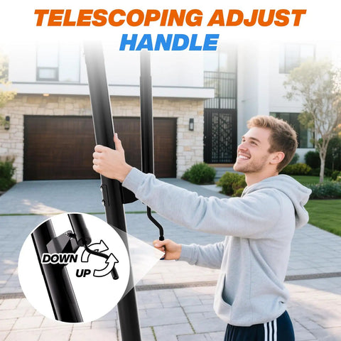 Man adjusting height of Outdoor Adjustable Basketball Hoop With 40 44 48 Inch Backboards 5.3 To 10 Ft Height Portable Wheels Heavy Duty Steel Frame All Weather PC Backboard Durable Outdoor Basketball Goal For Adults And Families using telescopic handle in a driveway.