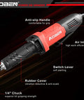 Close-up of Top Tier 1/4 Inch Electric Die Grinder Pulling 28000 RPM with rubber grip handle, designed for easy metal grinding.