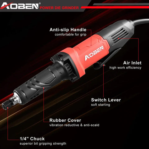 Close-up of Top Tier 1/4 Inch Electric Die Grinder Pulling 28000 RPM with rubber grip handle, designed for easy metal grinding.
