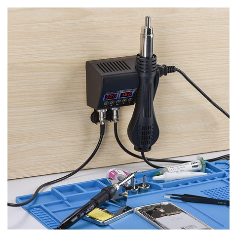 2-In-1 Soldering And Hot Air Rework Station With Dual LCD Displays, 80W Iron And 800W Hot Air set up on workbench