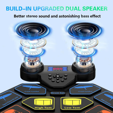 Roll Up Portable Electric Drum Set With MIDI Practice Pad And Bluetooth Built In Dual Speakers 9 Touch Pads feature image