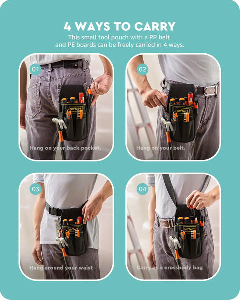 Four ways to carry Pocket Tool Pouch With Six Pouches And Nine Screwdriver Loops Heavy Duty Electrician Tool Bag With Adjustable Waist Belt