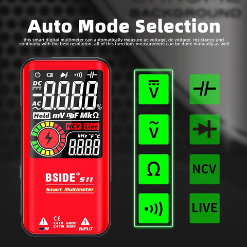 Color LCD Digital Multimeter With 3 Display 9999 Counts Auto Ranging Ohmmeter Rechargeable showing auto mode selection