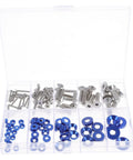 Alloy Countersunk Washer Kit With Handy Storage Box, colorful blue washers and machine screws in clear compartments
