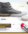 Instant Sneaker Cleaner Kit For Sneakers, Dual Sided Sponges showing before and after cleaning effect on tennis shoe