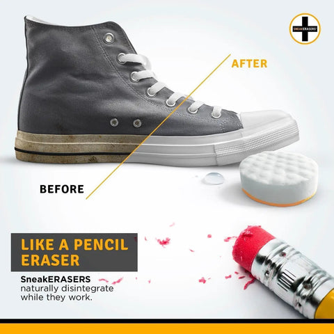 Instant Sneaker Cleaner Kit For Sneakers, Dual Sided Sponges showing before and after cleaning effect on tennis shoe
