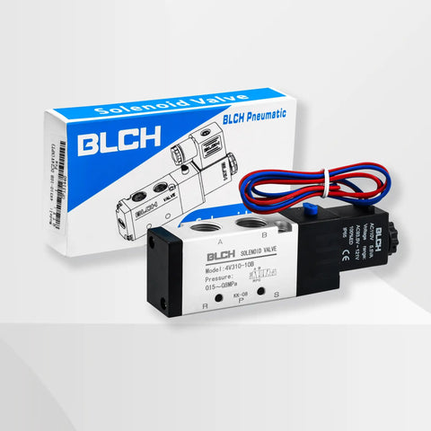 4V410-15 DC12V Pneumatic Solenoid Valve in front of packaging, 2 Position 5 Way Pilot Operated, electric outlet wire visible