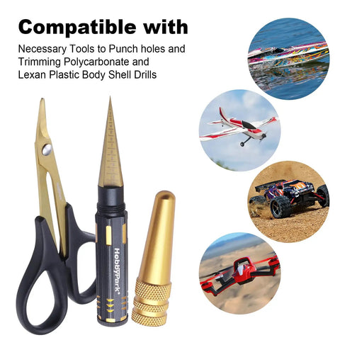 RC Car Body Reamer Kit 0-14mm Hole Puncher With Sleeve And Curved Scissors Set For Bodyshell Mods, shown with hobby crafts.