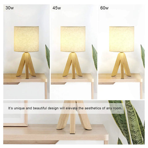 Set Of 2 Wood Tripod Bedside Lamps With Linen Fabric Shade displayed in three variations on a table.