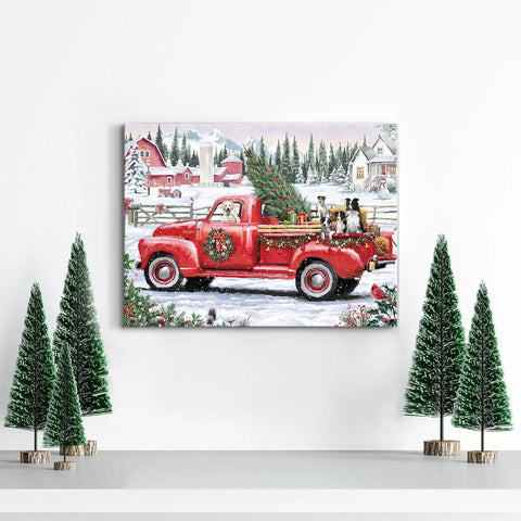 Vintage Red Pickup Truck Christmas Canvas Wall Art 12X16 Inch Rustic Farmhouse Decor With Christmas Tree Scene for living room