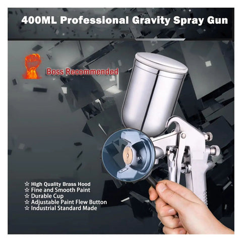 Heavy Duty Pneumatic Paint Sprayer With 400Ml Alloy Hopper adjustable nozzle and grip, ideal for automotive and drywall projects.