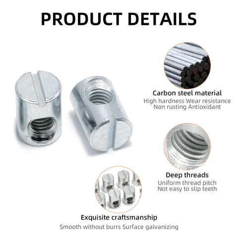 Beefy M8 Barrel Nuts Cross Dowels Slotted Nuts Set 15 Pcs, zinc plated carbon steel with deep threads and smooth finish.