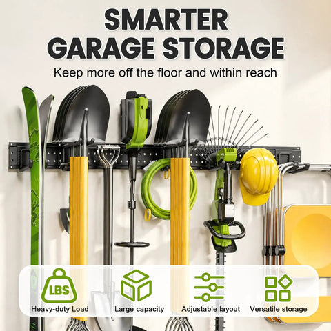 Heavy Duty Garage Wall Organizer Rack With Forty Nine Point Five Inch Wide Adjustable Hooks For Shovels Rakes Garden Tools Space Saving Storage Solution That Holds Four Hundred Pounds Kicks Clutter To The Curb And Level Up Your Workspace