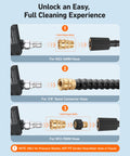Short Pressure Washer Gun With Swivel, 4060 PSI Max, M22, 3/8" connectors, hose compatibility diagram, black