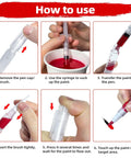 Step-by-step guide for Top Shelf Refillable Touch Up Paint Pen Kit, showing syringe painting process for wood repairs.