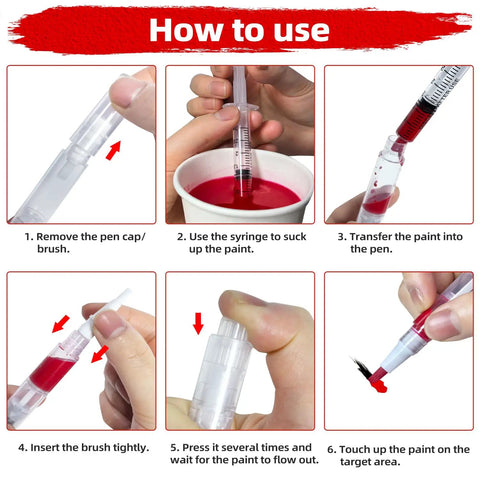 Step-by-step guide for Top Shelf Refillable Touch Up Paint Pen Kit, showing syringe painting process for wood repairs.