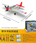 Four Channel RC Plane P51 Mustang Ready To Fly With X Pilot Stabilization And One Key Aerobatics For Adults 2.4GHz Six Axis Gyro Remote Control Airplane displayed with dimensions and package contents including propellers, batteries, and manual.