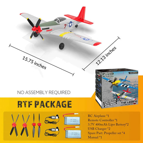 Four Channel RC Plane P51 Mustang Ready To Fly With X Pilot Stabilization And One Key Aerobatics For Adults 2.4GHz Six Axis Gyro Remote Control Airplane displayed with dimensions and package contents including propellers, batteries, and manual.