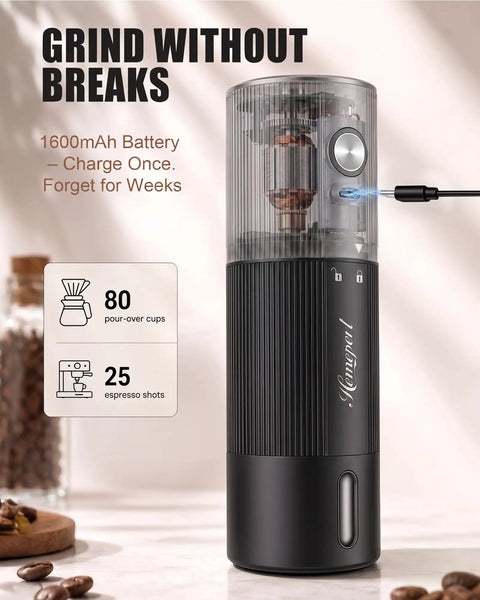 Straight Up Fast Electric Burr Coffee Grinder With Heavy Duty Stainless Steel Blades Cordless Rechargeable Unit Designed For Pour Over Or Espresso Smooth Rapid Grinds Always On Point Matte Black Housing with 1600mAh battery.