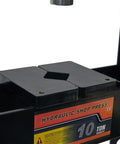 Close-up of 10 Ton Adjustable Benchtop Hydraulic Shop Press for Garage Use with metal plate and 10-ton capacity label visible.