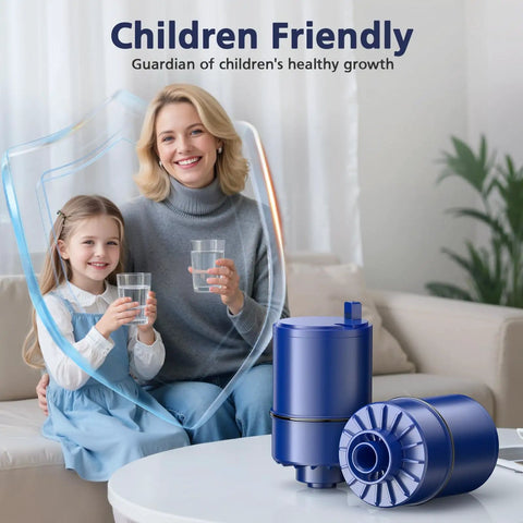 Mother and child with Six Pack Faucet Water Filter Replacement For All PUR Compatible Faucet Filtration Systems RF 9999, blue