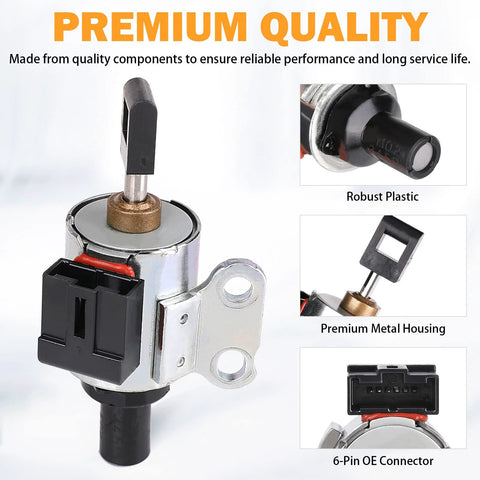 Front view of CVT transmission step motor with metal housing and 6-pin OE connector for Nissan Altima/Sentra/Rogue and Dodge Caliber.