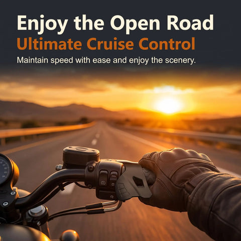 Universal Motorcycle Cruise Control Throttle Holder on bike handle, showing ergonomic grip for relaxed cruising.