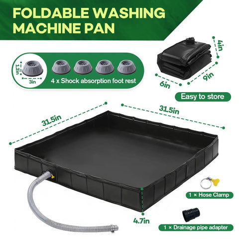Foldable Washer Drain Pan With Drain Pipe And 4 Anti-Vibration Pads, Portable 31.5x31.5-Inch Leak-Proof Drip Tray For Washer Or Dryer, Non-Slip Waterproof Basin With Raised Edge For Small Spaces And Quick Setup
