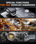 VD500 OBD2 Scanner for Volkswagen Group cars showing brake pad reset, oil service, and throttle position features